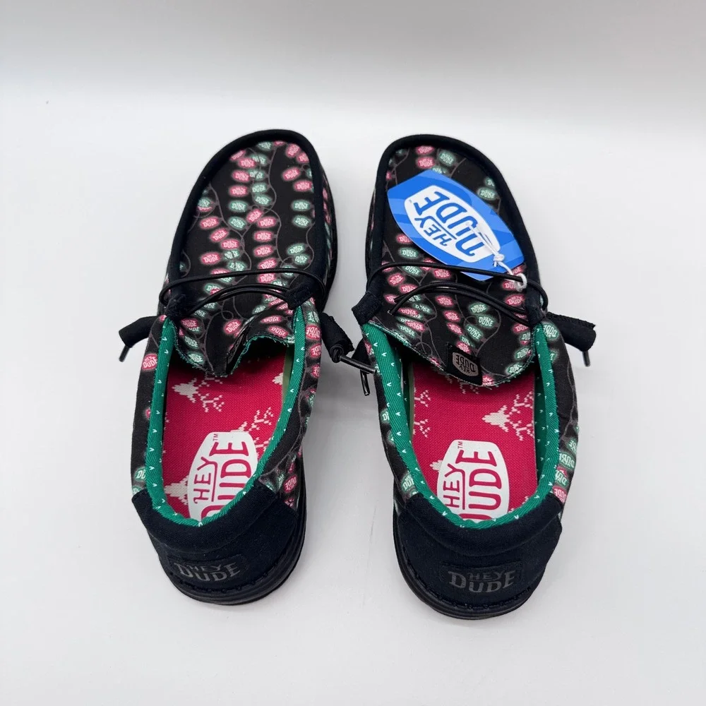 Hey Dude Wally Deck The Halls Men 10 Black Multi NWT Holiday Christmas Loafers